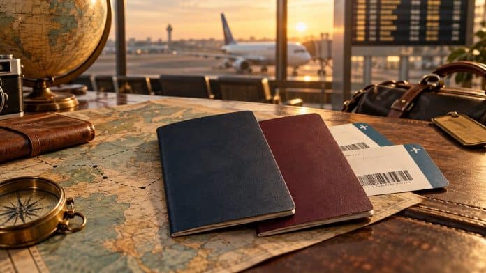Deux passeports posés sur une carte de voyage dans un aéroport